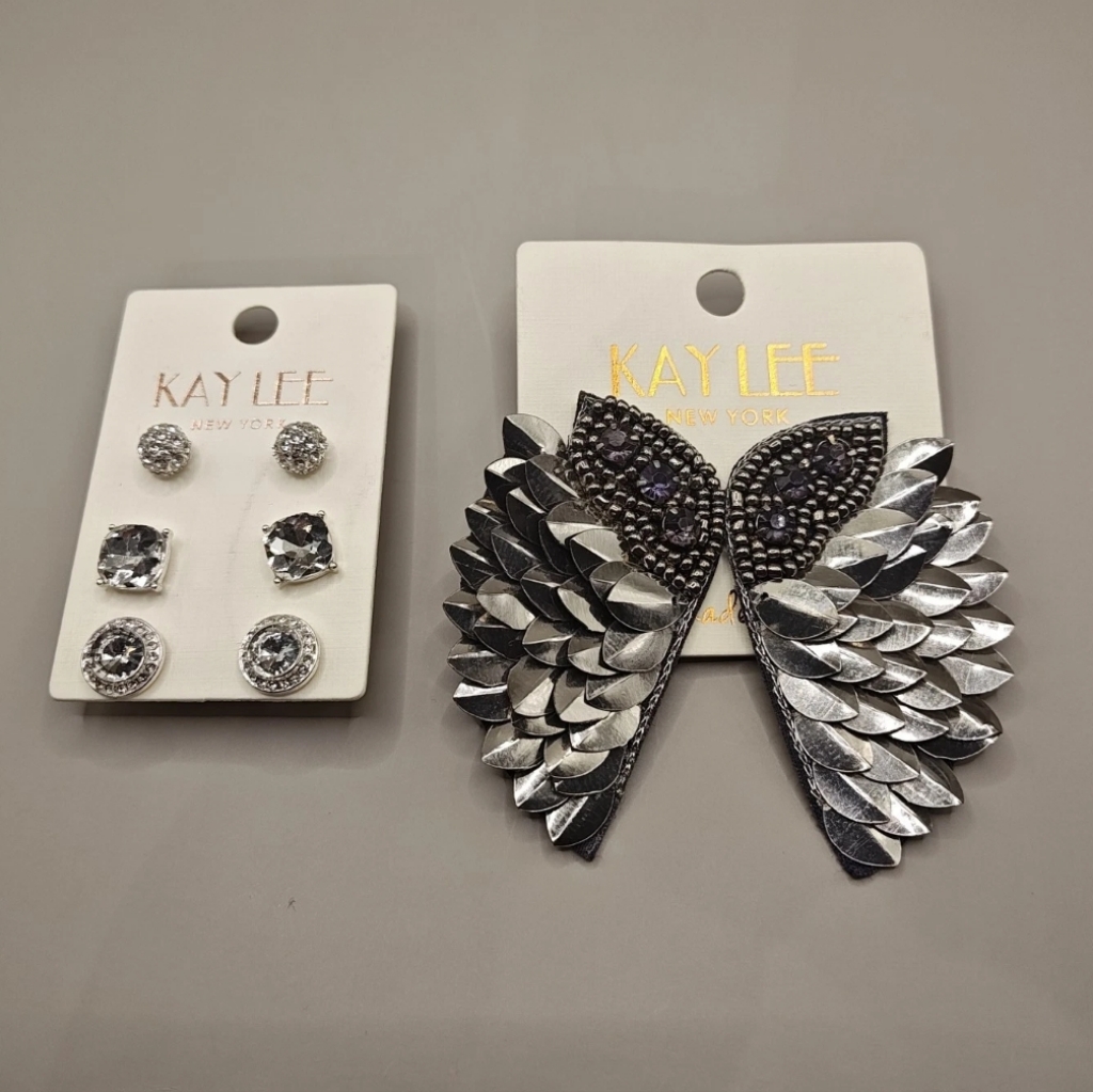 Kay Lee Handmade Beaded Angel Wings Silver Earrings 3pk Rhinestone Studs Fairy